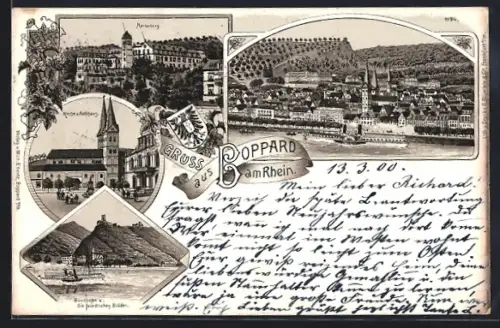 Lithographie Boppard am Rhein, Marienberg, Kirche und Rathaus, Bornhofen und die feindlichen Brüder