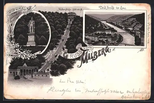 Lithographie Bad Ems, Kaiser-Wilhelm I. Denkmal, Malbergbahn, Totalansicht