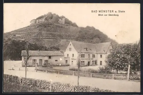 AK Bad Münster a. Stein, Gasthaus zum Sickinger Hof, Blick zur Ebernburg