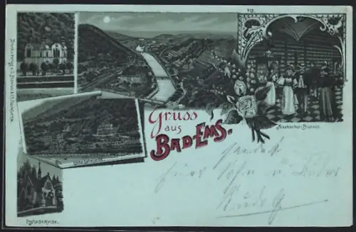 Mondschein-Lithographie Bad-Ems, Englische Kirche, Linke Lahnseite, Kraehnchen-Brunnen