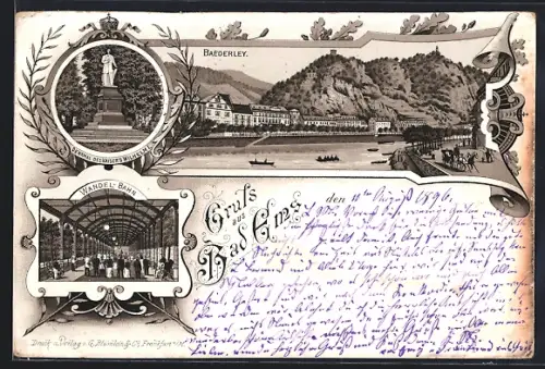 Lithographie Bad Ems, Baederley, Denkmal des Kaisers Wilhelm I., Wandel-Bahn