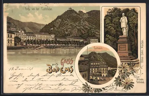 Lithographie Bad Ems, Kaiser Wilhelm Denkmal, Kurhaus, Ortsansicht von der Kurbrücke aus