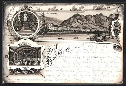 Lithographie Bad Ems, Wandel-Bahn, Baederley, Denkmal des Kaisers Wilhelm I.