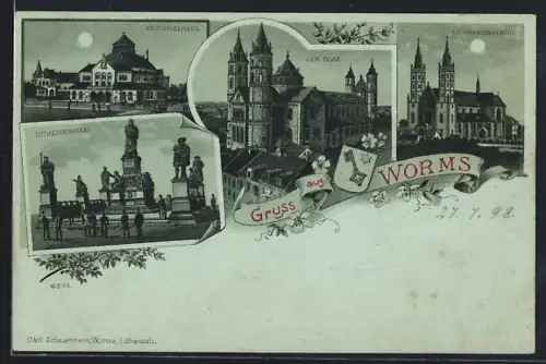 Mondschein-Lithographie Worms, Festspielhaus, Dom, Lutherdenkmal