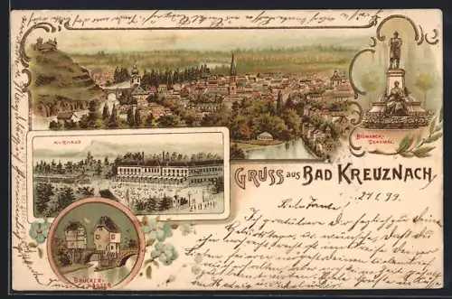Lithographie Bad Kreuznach, Hotel Kurhaus, Brückenhäuser, Bismarck-Denkmal