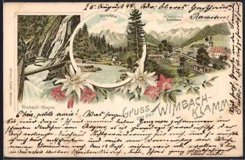 Lithographie Ramsau / Berchtesgaden, Wimbach-Klamm, Ortsansicht aus der Vogelschau