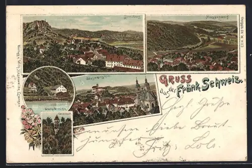 Lithographie Streitberg / Fränk. Schweiz, Stempfermühle, Gailenreuth, Gössweinstein