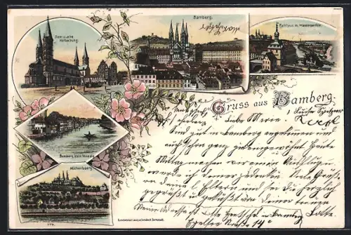 Lithographie Bamberg, Rathaus mit Wasserpartie, Klein Venedig, Dom und alte Hofhaltung