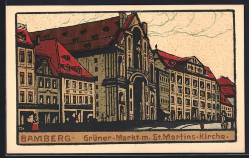 Steindruck-AK Bamberg, Grüner Markt mit St. Martins-Kirche