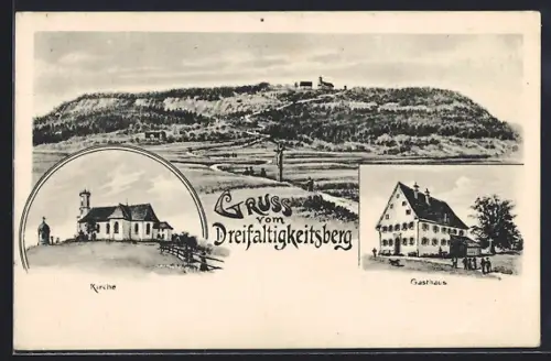 Künstler-AK Dreifaltigkeitsberg, Gasthaus, Kirche, Teilansicht