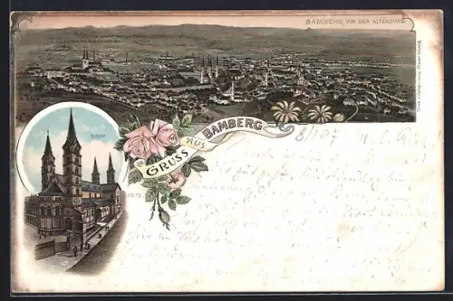 Lithographie Bamberg, Dom, Aussicht von der Altenburg