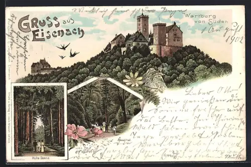 Lithographie Eisenach, Hohe Sonne, Wartburg, Partie im Annathal