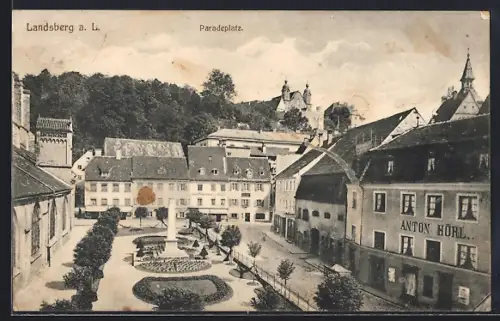 AK Landsberg a. L., Paradeplatz mit Geschäft von Anton Hörl