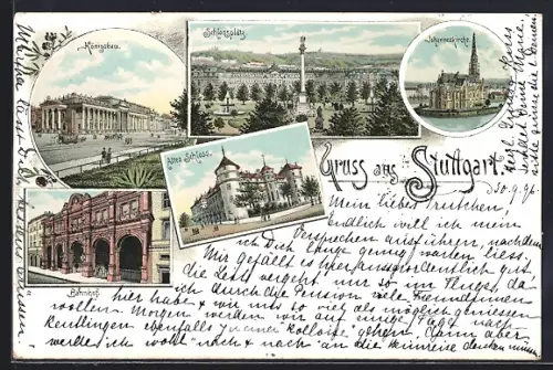 Lithographie Stuttgart, Altes Schloss, Schlossplatz, Bahnhof