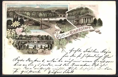 Lithographie Cannstatt, Wilhelma, Kur-Saal, Neue Neckarbrücke bei Cannstatt
