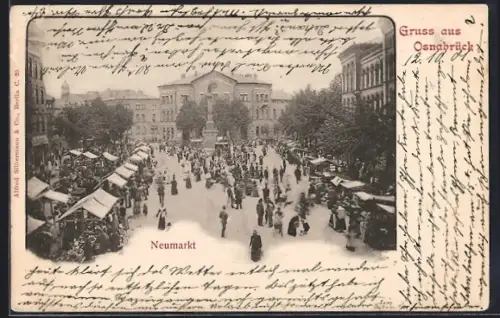 AK Osnabrück, Neumarkt mit Markt und Denkmal