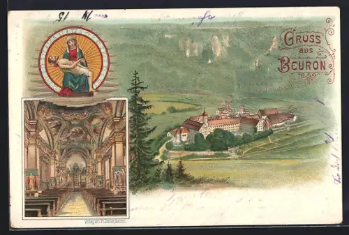 Lithographie Beuron, Kloster, Klosterkirche, Innenansicht
