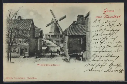 Mondschein-AK Clausthal, Windmühlenstrasse, Windmühle