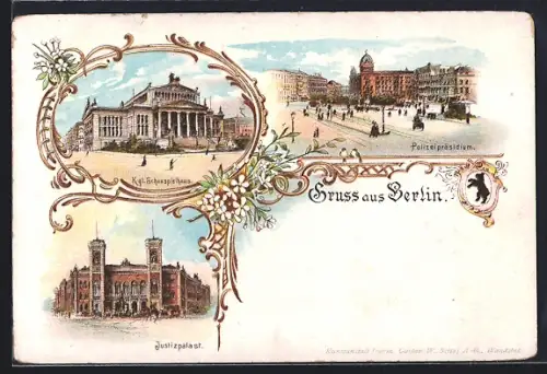 Lithographie Berlin, Königl. Schauspielhaus, Polizeipräsidium, Justizpalast, Gendarmenmarkt