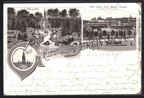 Lithographie Berlin, Wasserfall, National-Denkmal, Villen Colonie