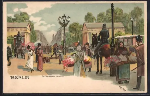 Lithographie Berlin-Tiergarten, Strassenleben am Potsdamer Platz