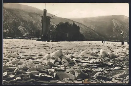 AK Bingen /Rhein, Mäuseturm im Eis, Zugefrorener Rhein 1929