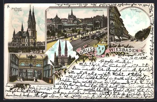 Lithographie Wiesbaden, Neue Evangelische Kirche, Kochbrunnen, Wilhelm-Strasse
