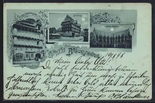 Mondschein-AK Braunschweig, Gasthof Alte Waage, Altes Haus am Sack, Altstadt Rathaus