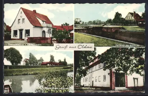 AK Oldau, Gemischtwaren z. E. Rickmann, Partie an der Schleuse, Gasthof Eichenkreuz