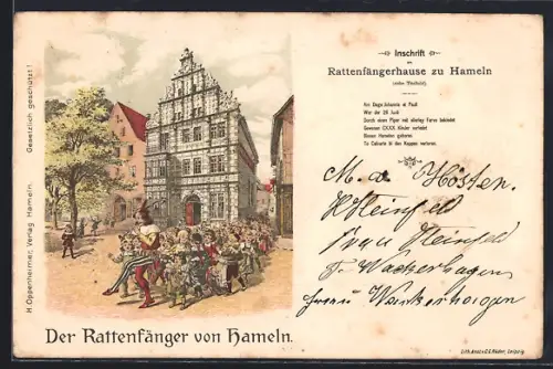 Lithographie Hameln, Rattenfängerhaus, Rattenfänger von Hameln