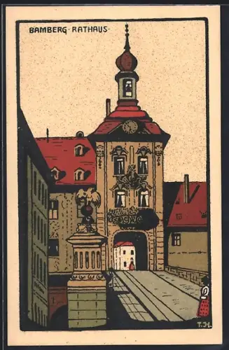 Steindruck-AK Bamberg, Rathaus