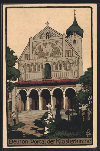 Steindruck-AK Beuron, Portal der Klosterkirche