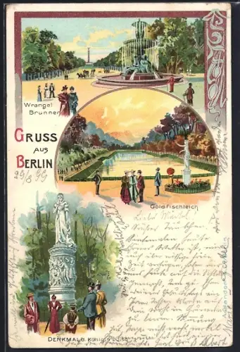 Lithographie Berlin-Tiergarten, Wrangelbrunnen, Goldfischteich, Denkmal Königin Luise