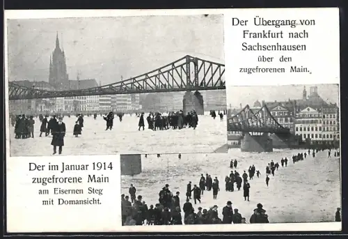 AK Alt-Frankfurt, Zugefrorener Main am Eisernen Steg 1914