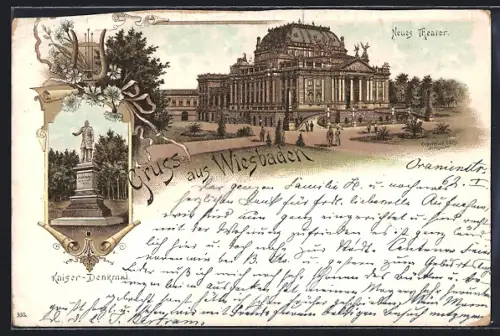 Lithographie Wiesbaden, Neues Theater, Kaiser-Denkmal