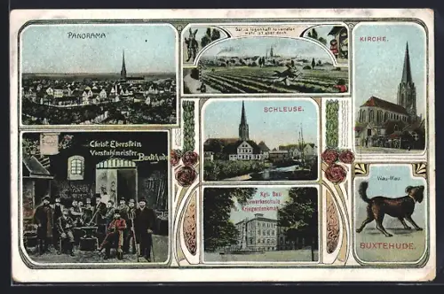 AK Buxtehude, Kirche, Schleuse, Hause auf dem Feld