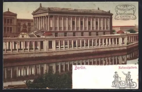 Lithographie Berlin, Nationalgalerie, Werbezudruck mit Fahrrädern