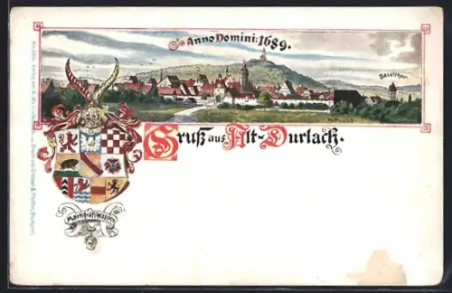 Künstler-AK Alt-Durlach, Ortsansicht mit Bienleinsthor und Baselthor