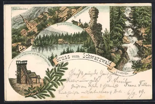 Lithographie Sasbachwalden /Schwarzwald, Ortsansicht, Brigittenschloss, Mummelsee, Gaishölle