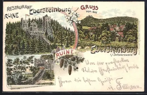 Lithographie Ebersteinburg, Ruine Alt-Eberstein, Ortsansicht