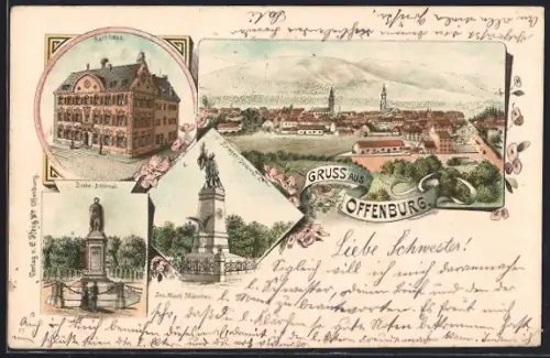 Lithographie Offenburg, Rathaus, Drake-Denkmal, Krieger-Denkmal