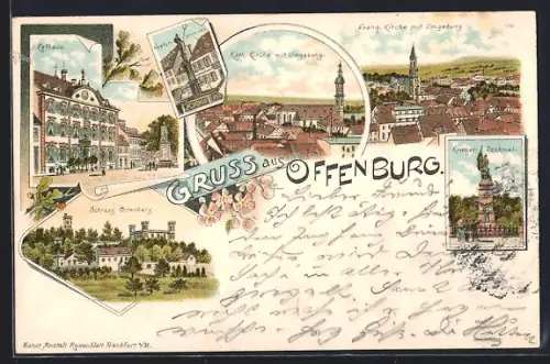 Lithographie Offenburg, Teilansichten mit Kirchen, Rathaus, Krieger-Denkmal, Stempel der Bahnpost