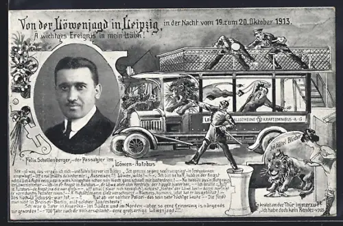 AK Leipzig, Löwenjagd im Autobus, Löwe im Hotel Blücher, Portrait Felix Schellenberger