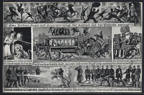 AK Leipzig, Zirkus Barum, Löwenjagd in den Strassen, Strassenbahn, Ausbruch der Löwen