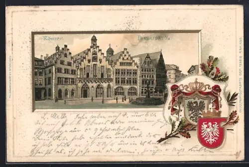 Passepartout-Lithographie Alt-Frankfurt, Römer mit Wappen