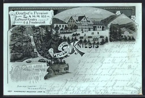 Mondschein-Lithographie Kniebis, Gasthof und Pension zum Lamm, Sankenbacher Wasserfälle