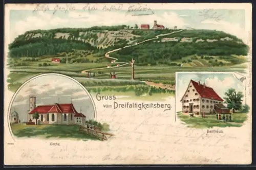 Lithographie Spaichingen, Dreifaltigkeitsberg mit Gasthaus und Kirche