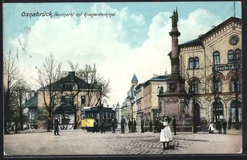 AK Osnabrück, Neumarkt mit Kriegerdenkmal & Strassenbahn
