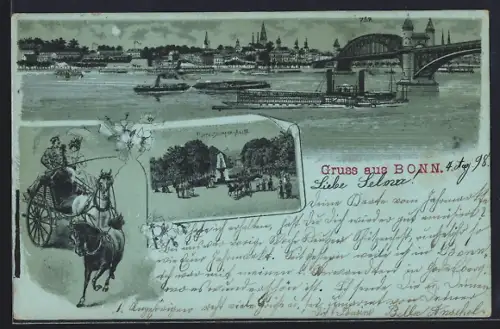 Mondschein-AK Bonn, Dampfschiffe auf dem Rhein, Poppelsdorfer-Allee mit Brunnen