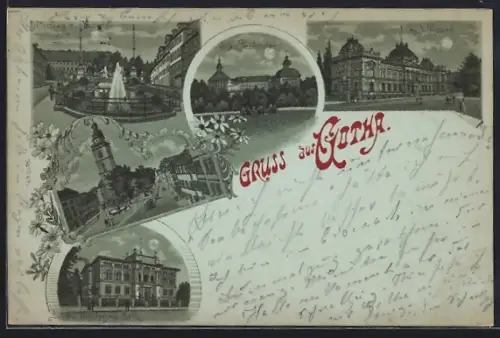 Mondschein-AK Gotha, Schloss Friedenstein, Neumarkt mit Magarethen-Kirche, Kaisl. Postamt